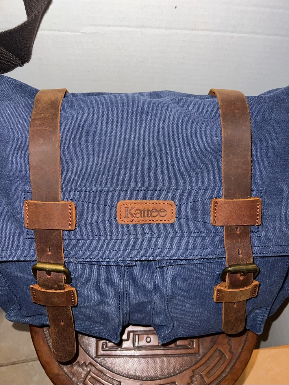 Large Navy Canvas Messenger Bag with Brown Leather Trim by Kattee